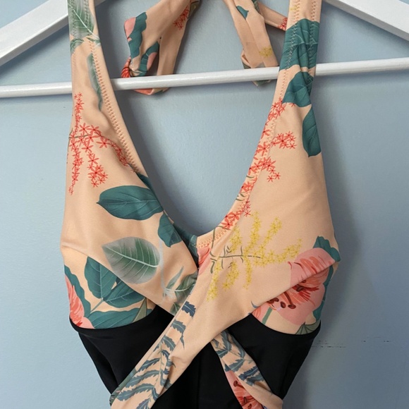 Black and Peach Floral Cross Over One Piece Swimsuit with ties - Picture 4 of 13